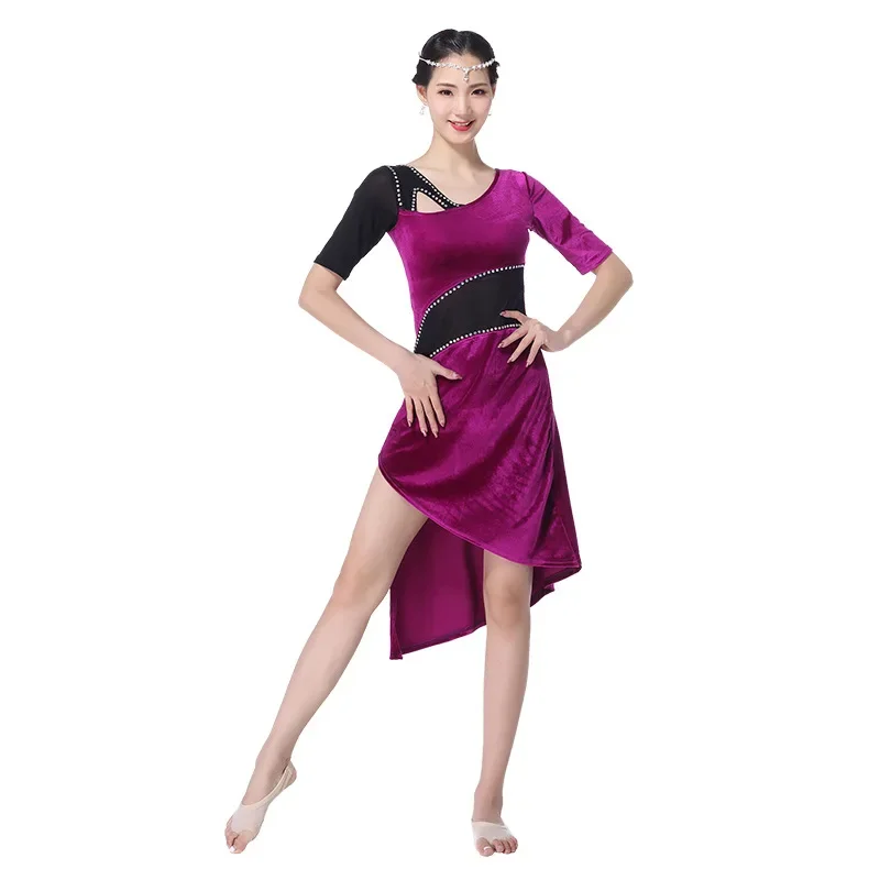 NEW Women Belly Dance Costumes Flannelette Half Sleeves Side Slit Rhinestones Tight Practice Club Stage Long Dress M L