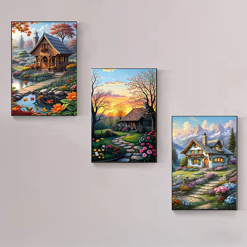 3Pcs DIY 5D Diamond Painting Kit Rural Country House Scenery Full Square Round Triptych Diamond Embroidery Mosaic Cross Stitch