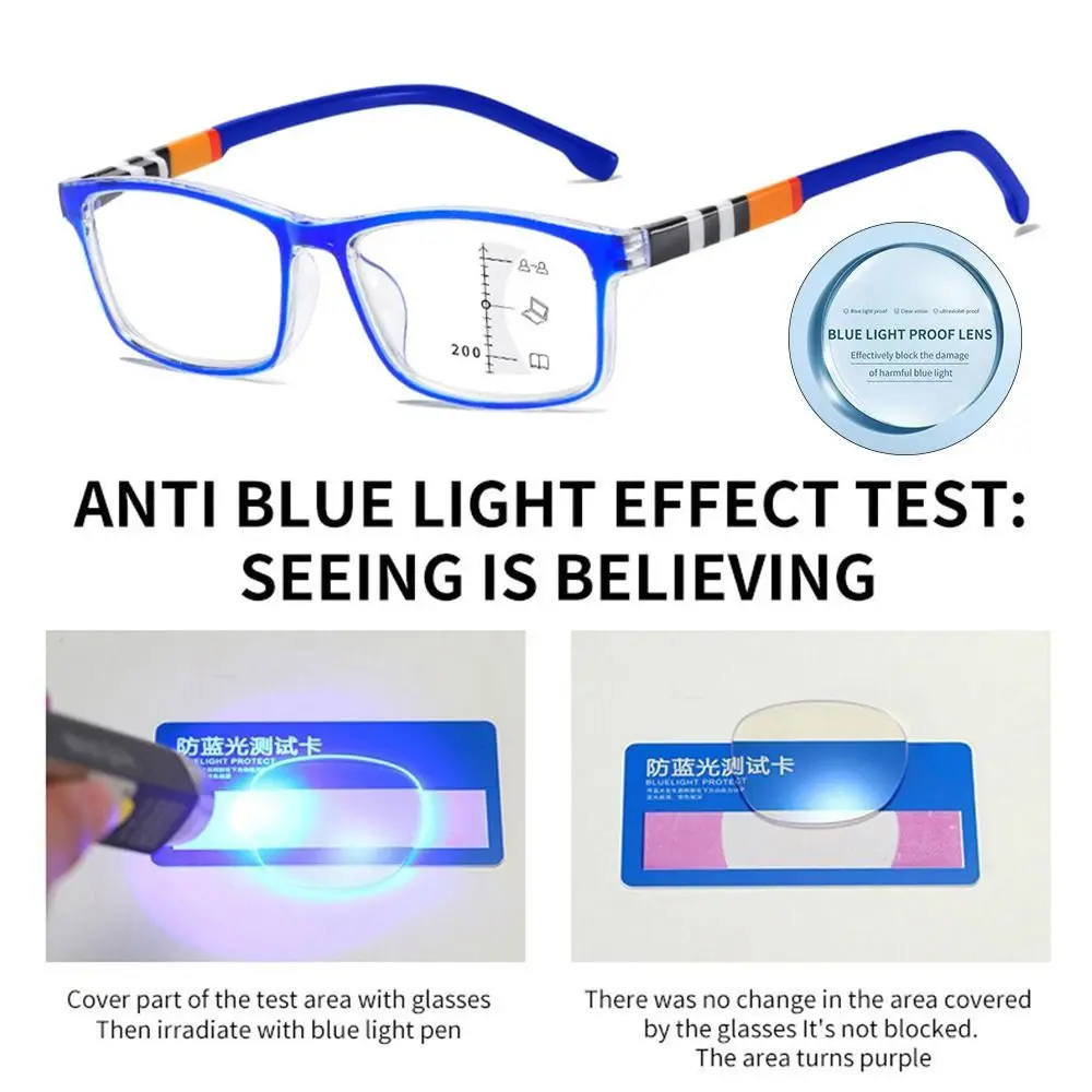 Óculos de leitura de luz anti-azul, proteção ocular multifocal, óculos quadrados, bloqueio de raio azul, progressivo perto e longe, PC