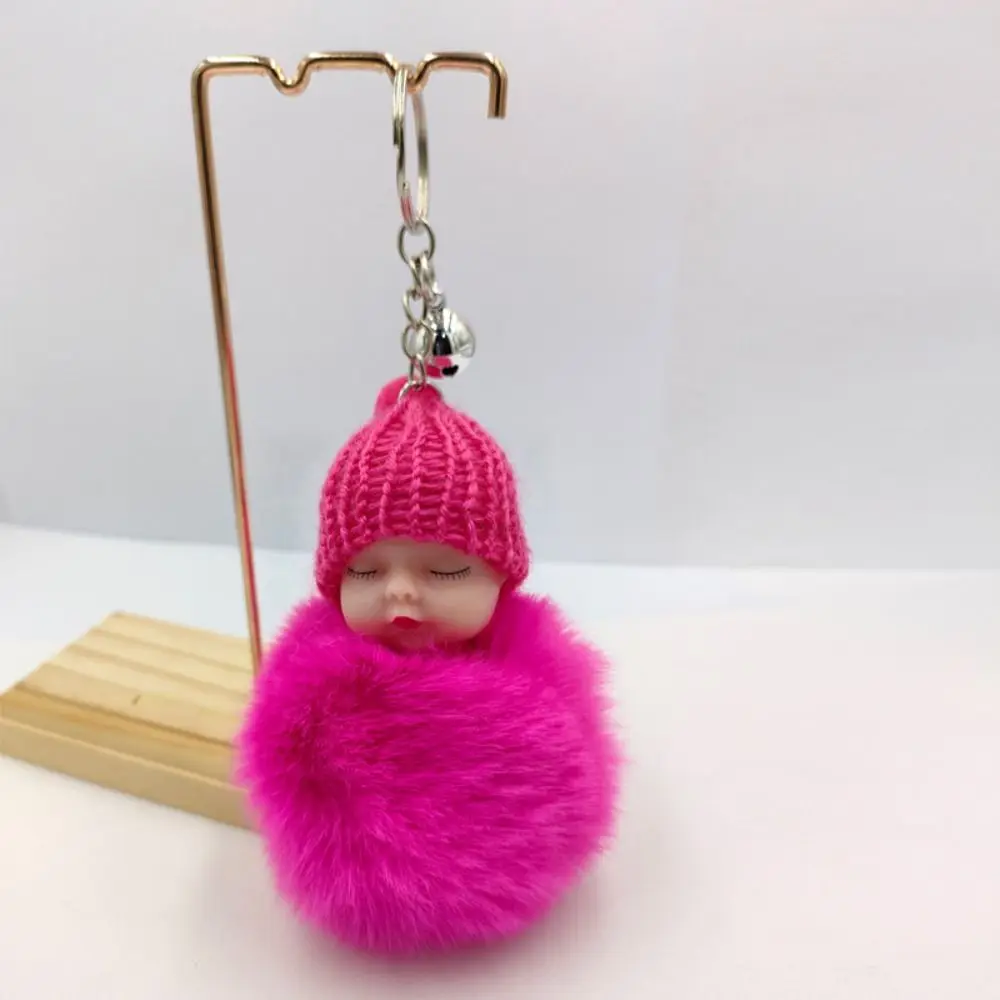 3PCS Lovely Plush Sleeping Baby Key Ring 10 Colors Doll Pompom Key Buckle Knitted Hat Keychain Bag Pendant