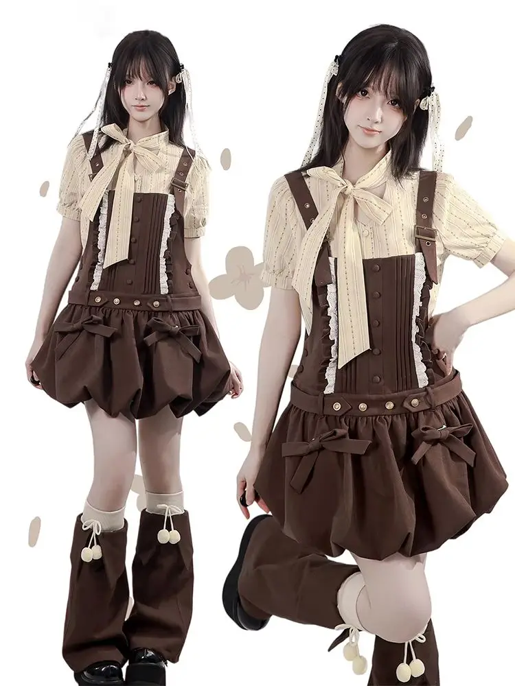 Japanese Vintage Coquette Ryousangata 2pcs Set Women Bow Puff Sleeve Shirt Lace Trim Pinafore Bubble Skirt Casual Campus Outfit
