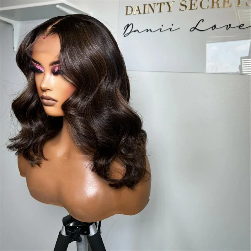 Perruque Lace Front Wig Body Wave sans colle pour femme, cheveux synthétiques, longs, doux, brun foncé, cheveux de bébé, préplumés, densité 180%, 22 po, 03/3