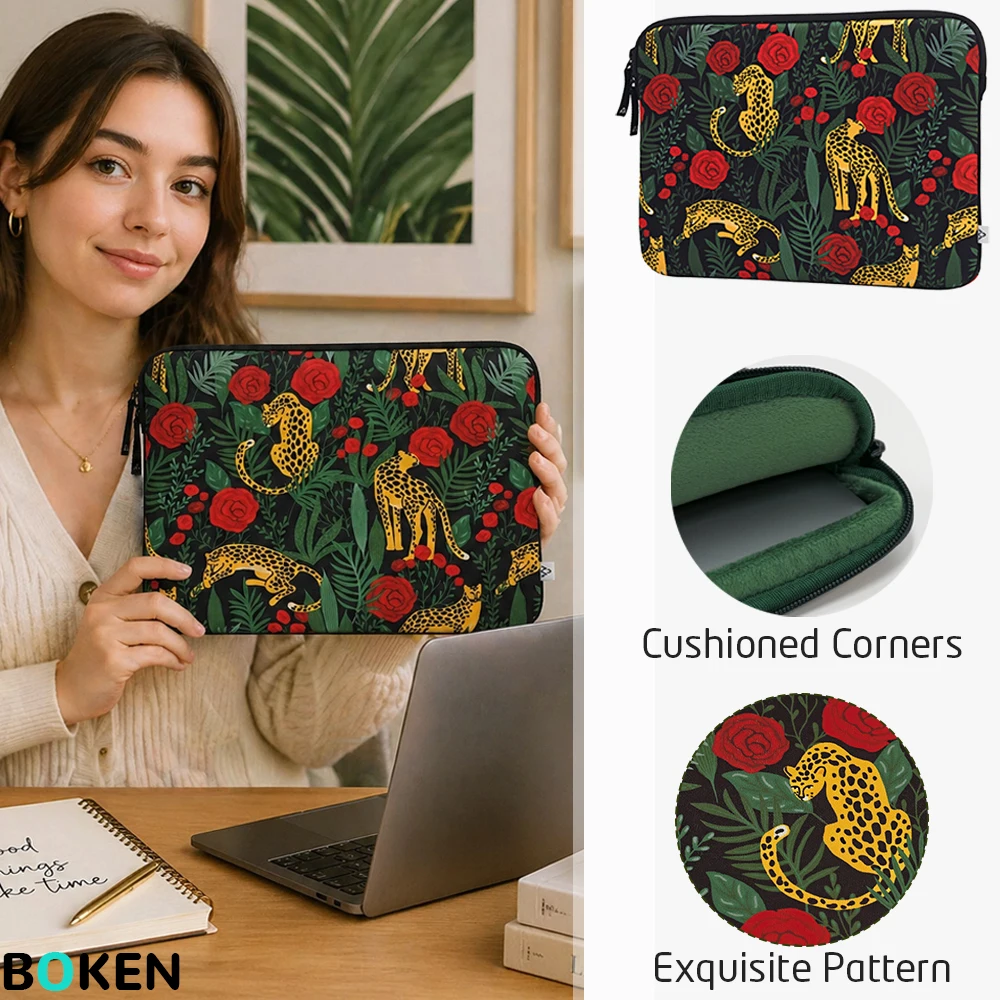 Flower Leopard Laptop Sleeve13.6-15.6inch Memory Foam Waterproof Shockproof Notebook Bag for MacBookAir/Pro HP Dell Asus Lenovo