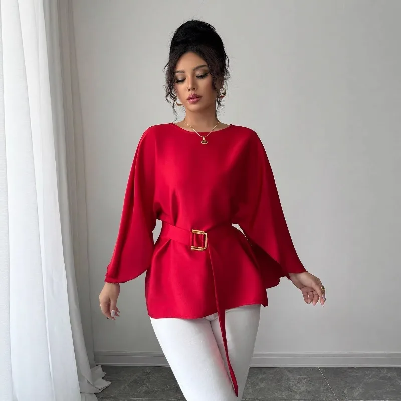 Women Round Neck Long Sleeve Blouse with Belt Loose Oversized Waist Cinched Elegant Office Commuter Solid Casual Tops view 3