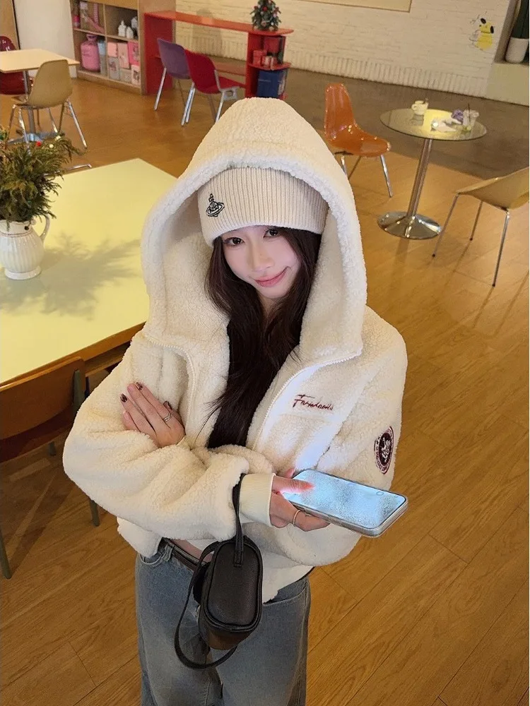 Damska zimowa ciepła kurtka z kapturem na zamek błyskawiczny, z białego aksamitu jagnięcego, uniwersalna, przeciwstarzeniowa, codzienna, do pracy.