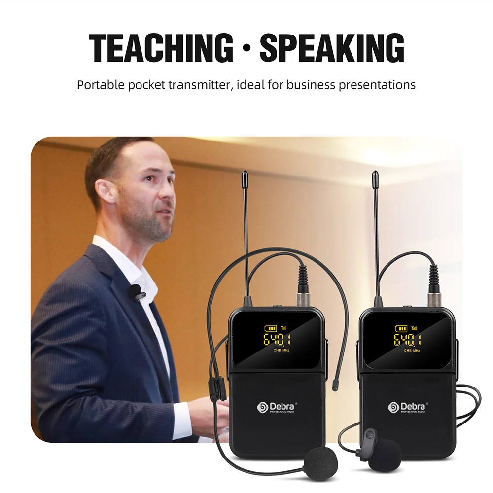 ميكروفون مؤتمرات لاسلكي من Debra DU4004 UHF ذو 4 قنوات مع سماعة رأس Lavalier محمولة لعروض المؤتمرات والكائس