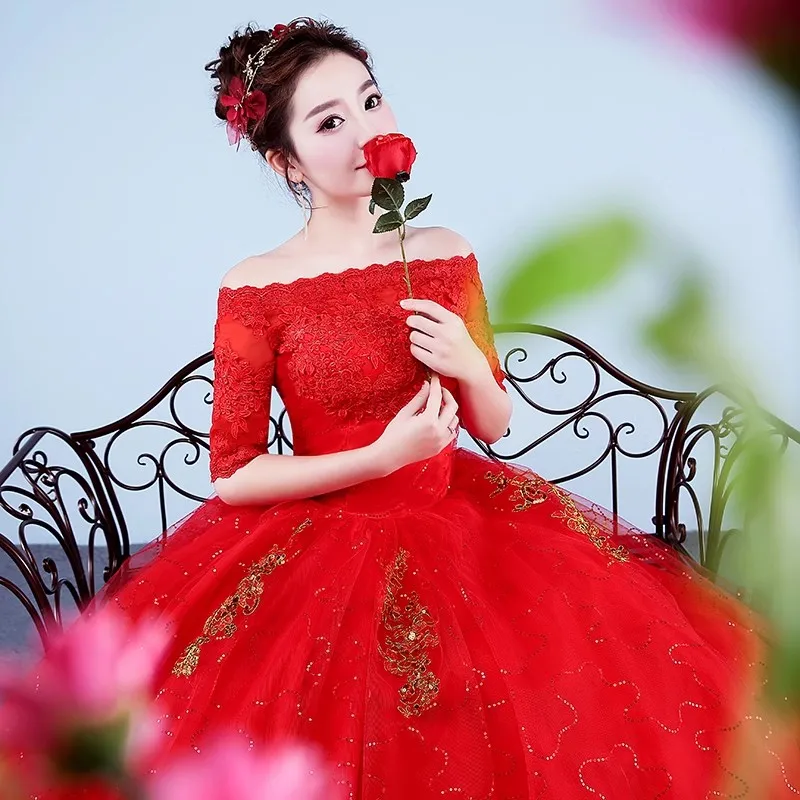 È yiya abito da sposa rosso semplice Appliques al largo della spalla mezza manica Bling principessa lunghezza del pavimento Plus size abito da ballo da sposa