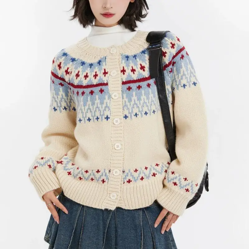 

Новый модный вязаный кардиган-свитер женский с круглым вырезом, весенне-осенний, жаккардовый, свободный, из мягкого хлопка