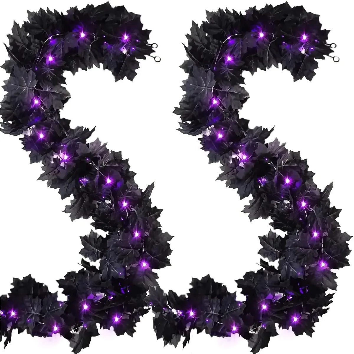 

Black Garland Halloween Black Vines Maple Leaf with Purple Lights for Fireplace Stairs Party Hanging Halloween Mantle Tree Decor