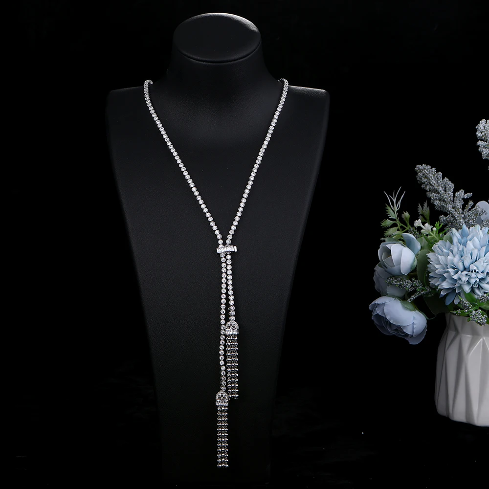 

Luxury Geometry Tassels Long Chain Stackable Pendant Necklace Full Cubic Zircon Charm Women Jewelry Gift S410