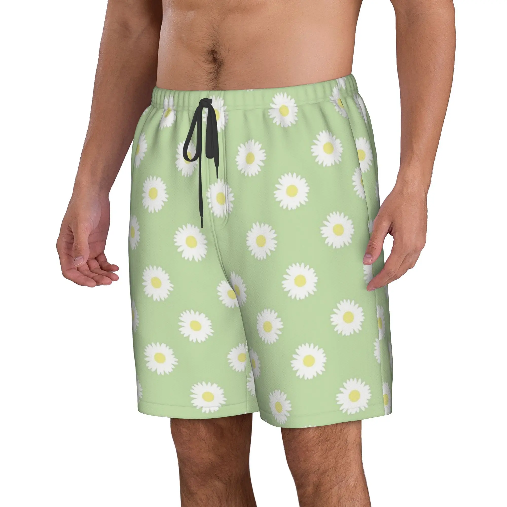 Macaron Colour Green Daisy Pattern Trunks Beach Board Shorts Casual Quick Dry Swim Summer Men Pants