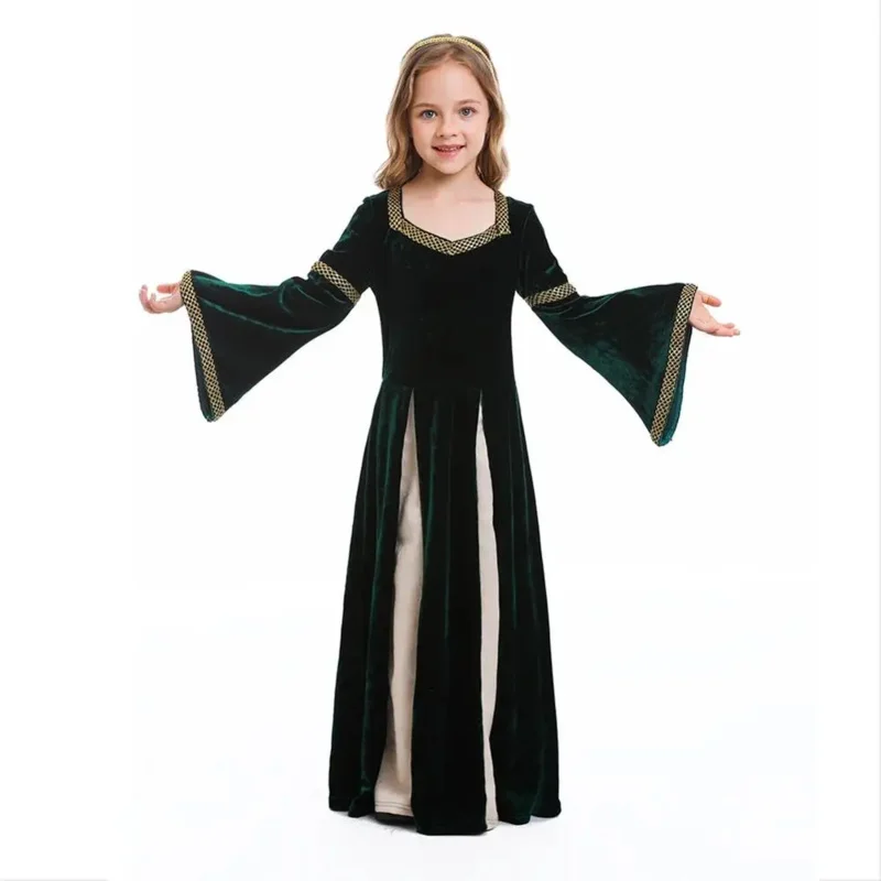 Medieval Renaissance Princess Queen Costume Gown Robe Green Medieval Swing Dress Kid Vampire Halloween Costumes