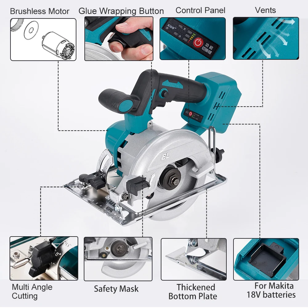 Hormy 125mm Brushless Rechargeable Circular Saw1000W Woodworking Garden Cutting Machine Compatible For Makita18V Lithium Battery