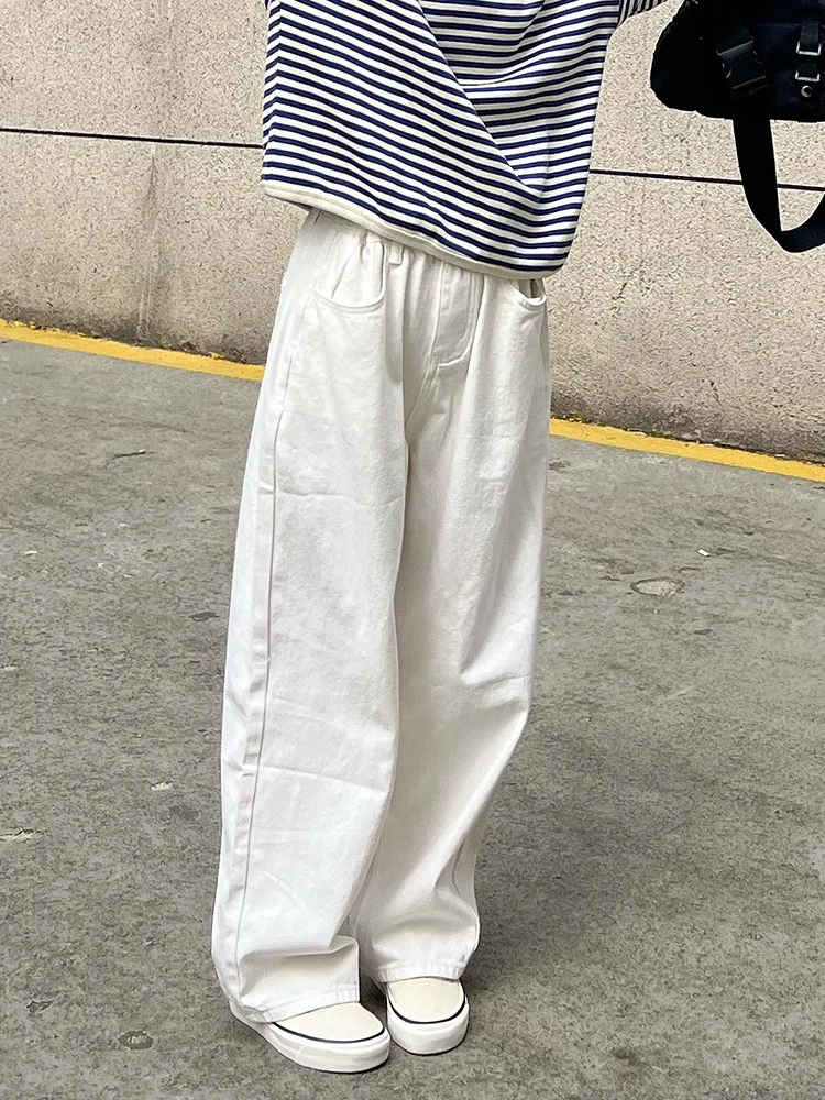 

Широкие джинсы прямого кроя с высокой талией, женские белые весенне-осенние свободные утягивающие брюки, брюки длиной до пола