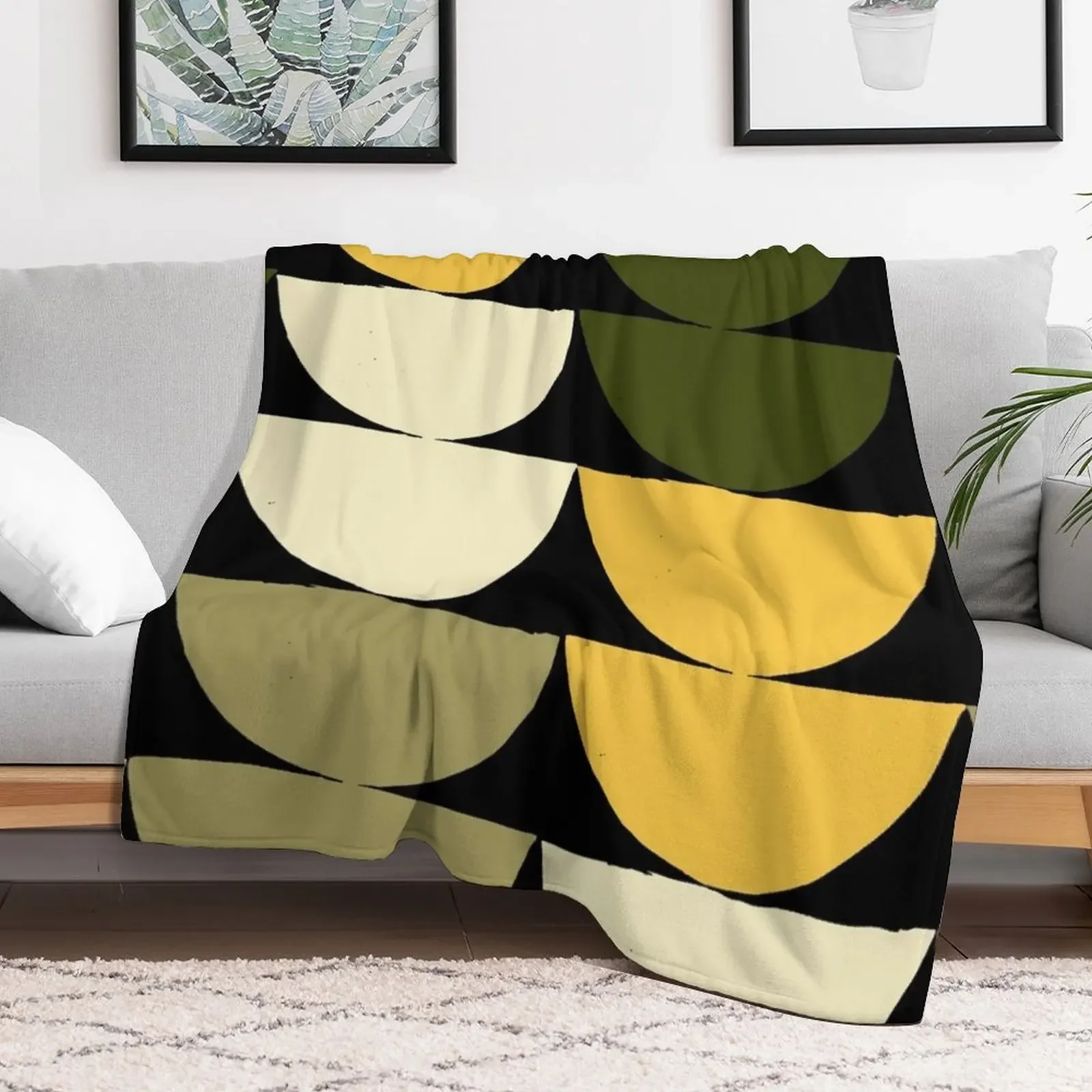 Mid-Century Modern Yellow, Green, Cream Half-Circle Pattern Throw Blanket For Decorative Sofa Quilt Decorative Sofa Blankets