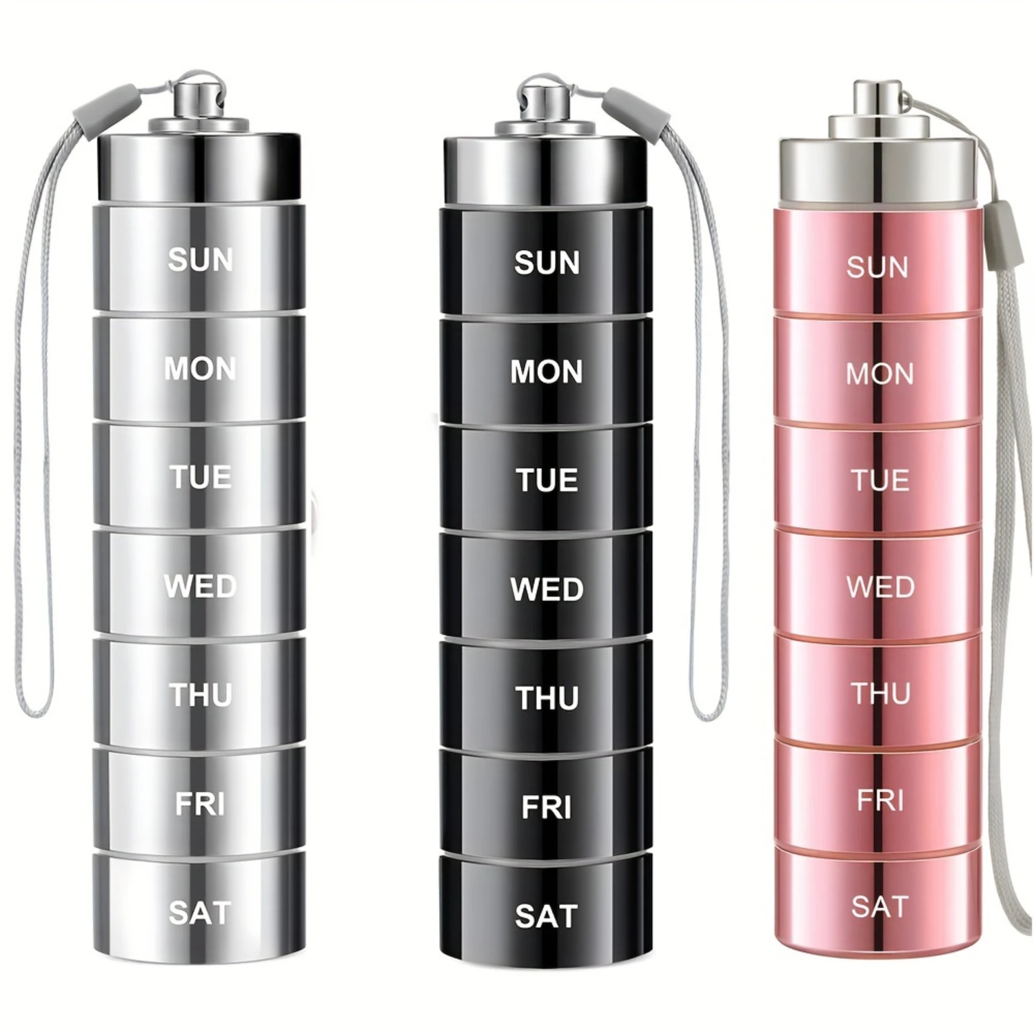 Black Aluminum Travel Pill Case  7pc Stackable, Waterproof, Durable Organizer with Secure