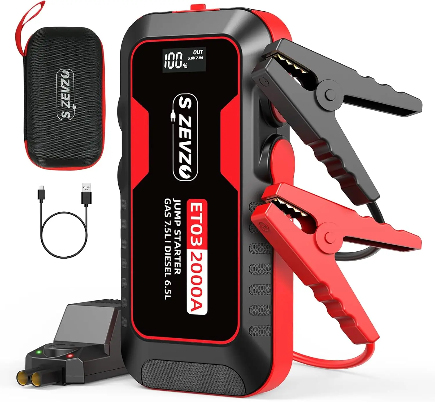 

2000A Portable Car Jump Starter for 7.5L Gas & 6.5L Diesel Engines, 12V Battery Pack with USB Ports, LCD Display