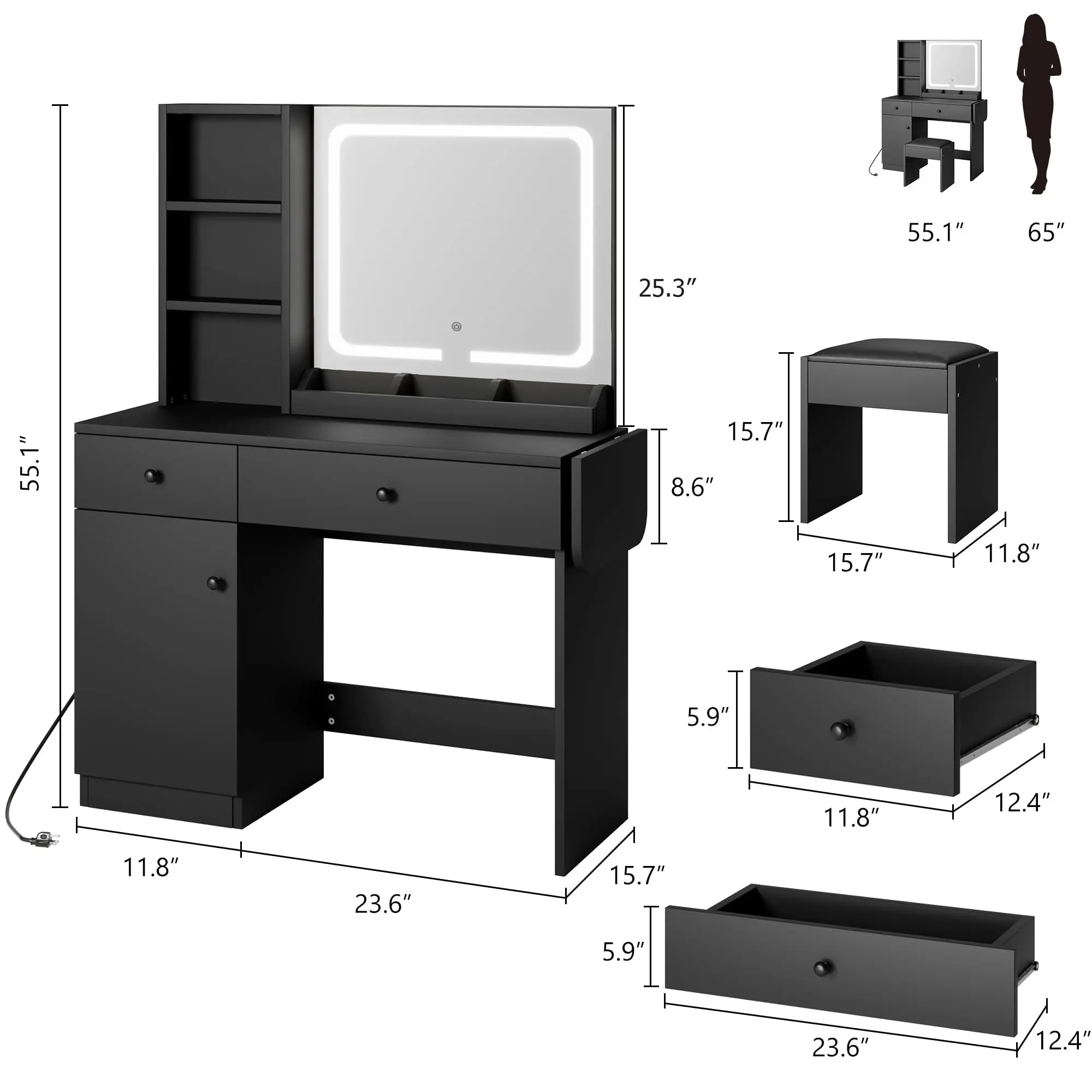 Makeup Vanity Desk Set with Mirror & LED Lights, 2 Drawer, Power Outlet, Stool, 3 Shelves, Cute Small Dressing Table for Bedroom, Dorm, Teen or Gift, Green/Black/Pink/Brown