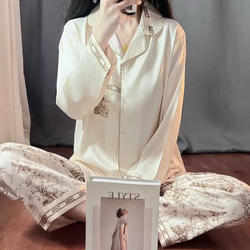 【 Original Design Niche 】 Light Luxury Pajamas Women Spring and Autumn Long Sleeve New Home Dress Set Women Thin Ice Silk Summer