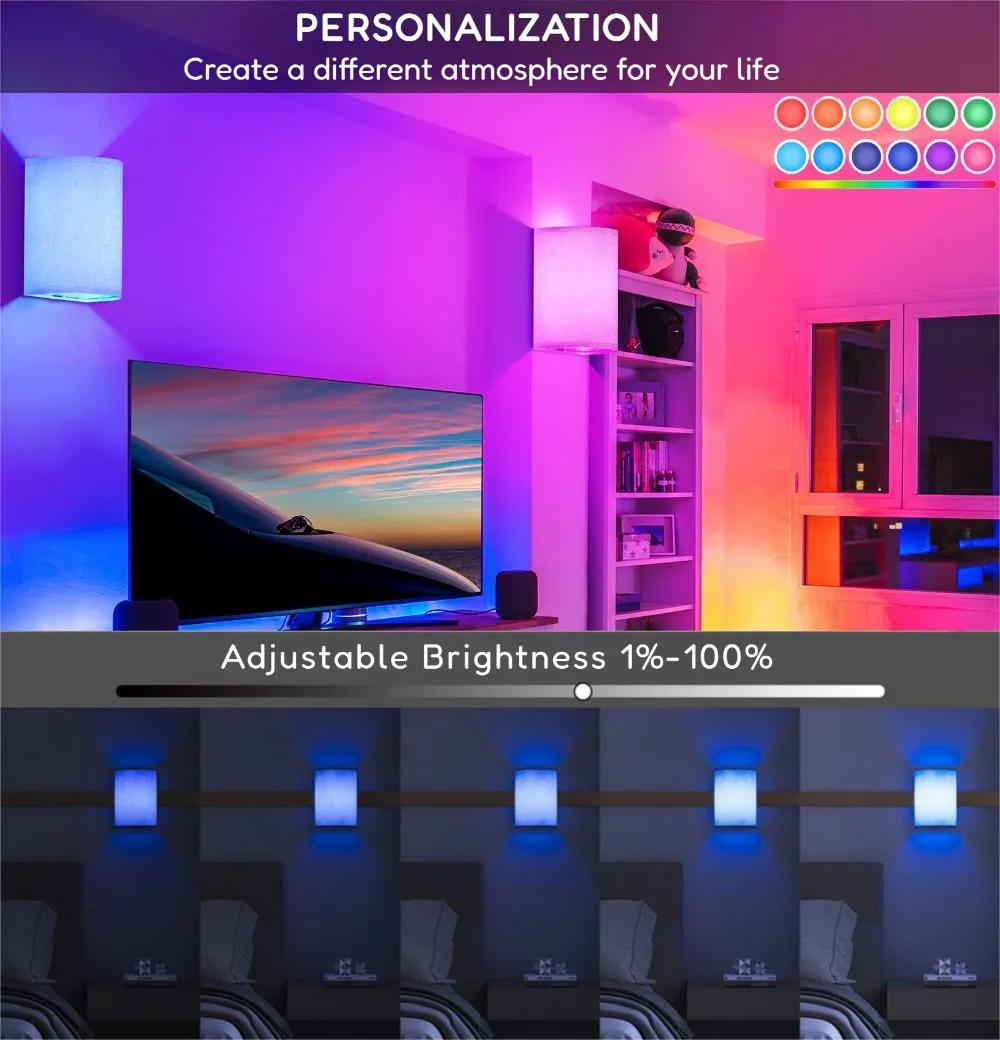 مجموعة مصابيح حائط تعمل بالبطارية مكونة من 2، مصباح حائط من القماش قابل للتعتيم بـ 16 لونًا RGB مع جهاز تحكم عن بعد ومفتاح لممر غرفة النوم