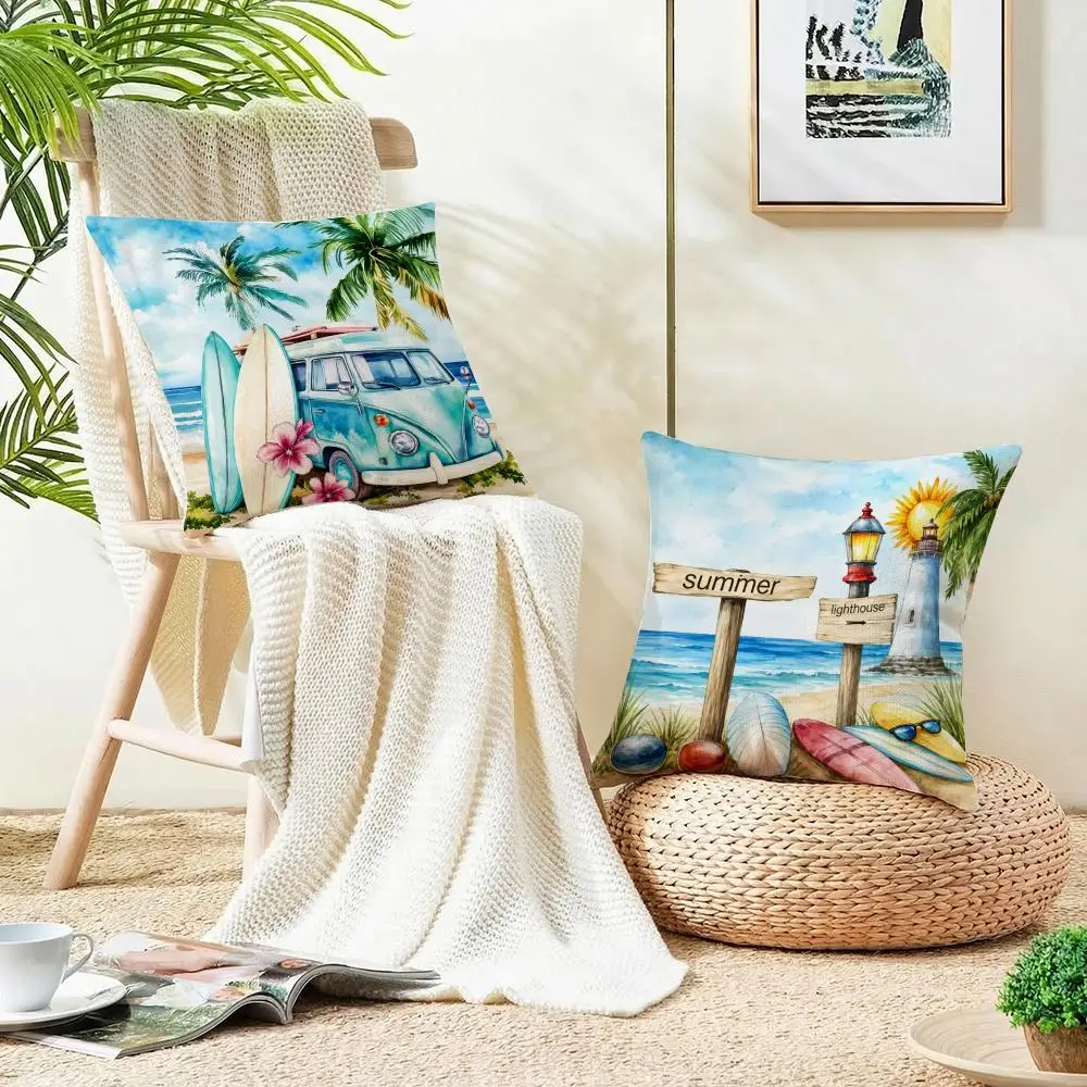 Beach Sunset Surf Days Cushion Cover 4Pcs Linen Throw Pillow Covers 40x40 45x45 Modern Home Decor