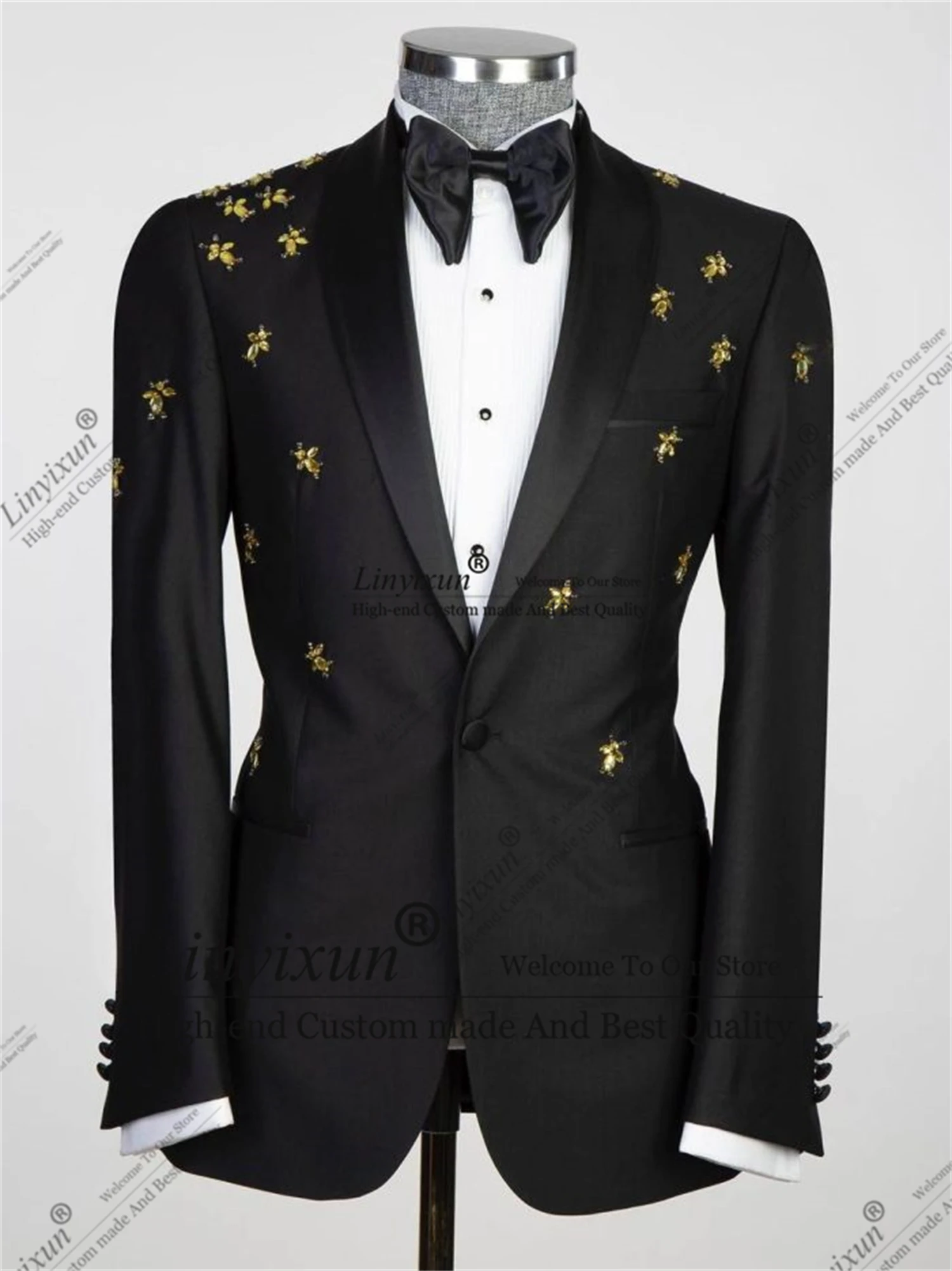 

Luxury Beaded Men Suits 2 Pieces Sets Shawl Lapel Groom Prom Blazers Customized Slim Fit Wedding Tuxedos Trajes Para Hombre