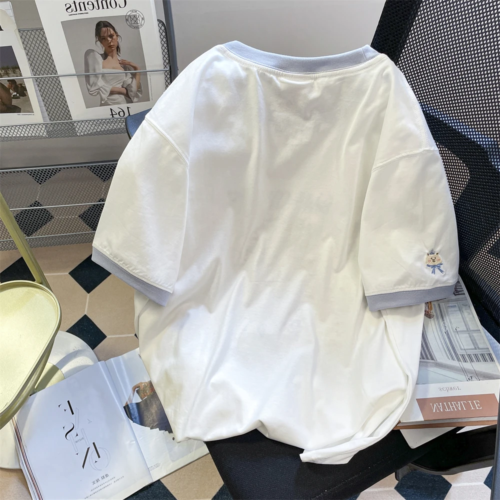 남녀공용 컬러 블록 자수 반팔 티셔츠, 매우 귀엽고 귀여운 만화, 니치 디자인, 여름