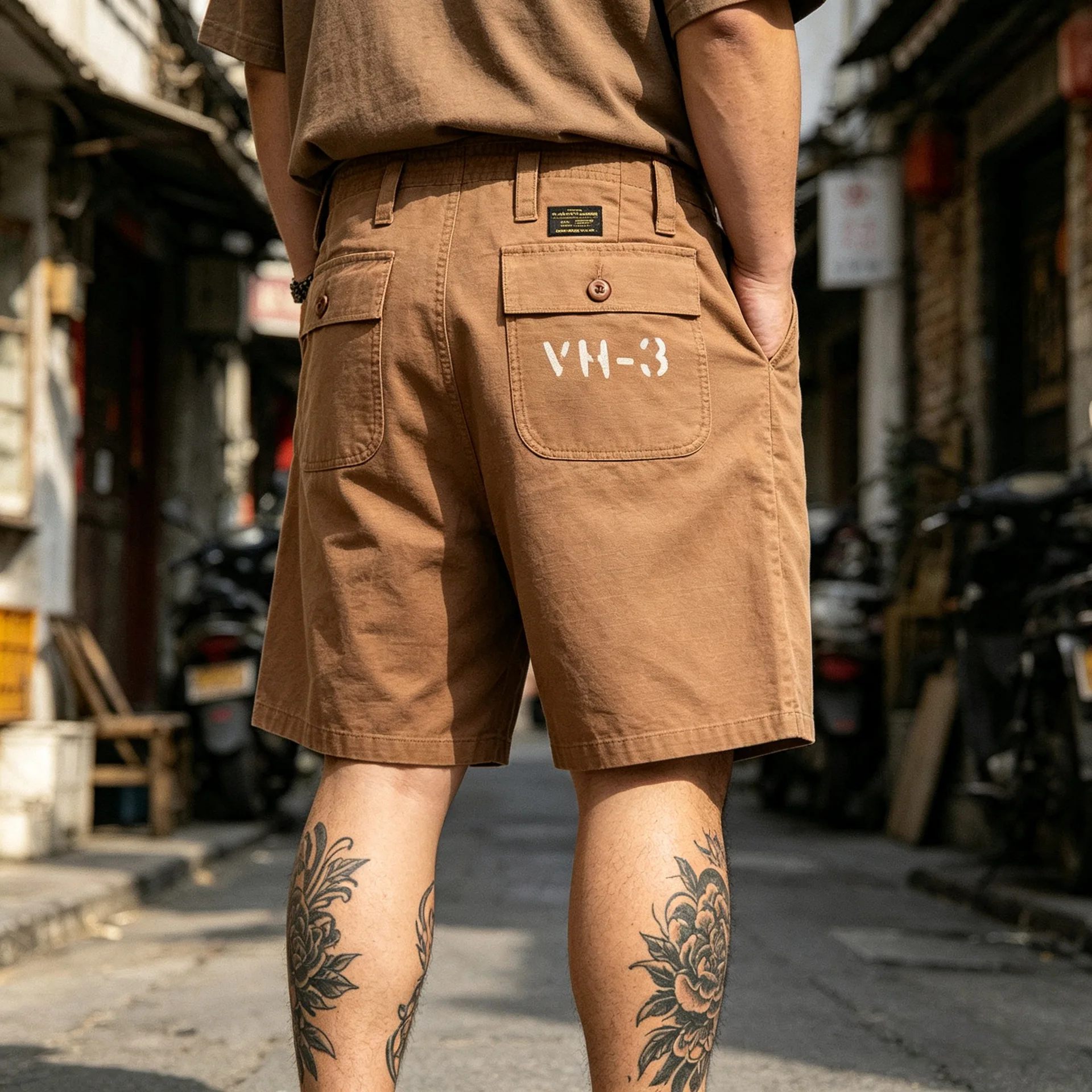 OKONKWO Military Retro A-2 Deck Trousers, Satin Five-Point Shorts, Work Shorts