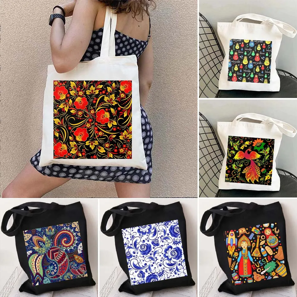 

Russian Khohloma Pattern Art Gypsy Floral Mandala Boho Women's Canvas Shoulder Tote Bag Handbag Shopper Cotton Cute Shopping Bag