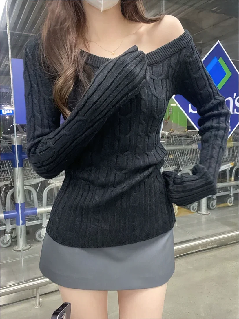 Casual Off Shoulder Rib Knit Sweater Pull Women Long Sleeve Top Basic Tees White Slim Pullovers Lady Sexy One Shoulder New