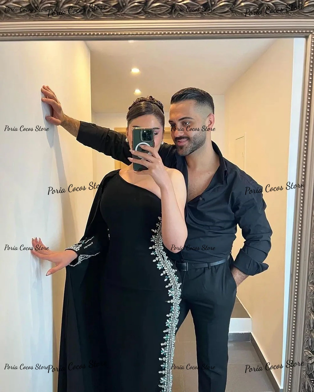 Maßgeschneidertes Abendkleid mit einer Schulter und langen Ärmeln, Meerjungfrau, sexy, rückenfrei, formelle Party, schwarze Abendkleider für Frauen, Saudi-Arabien – Detail 2
