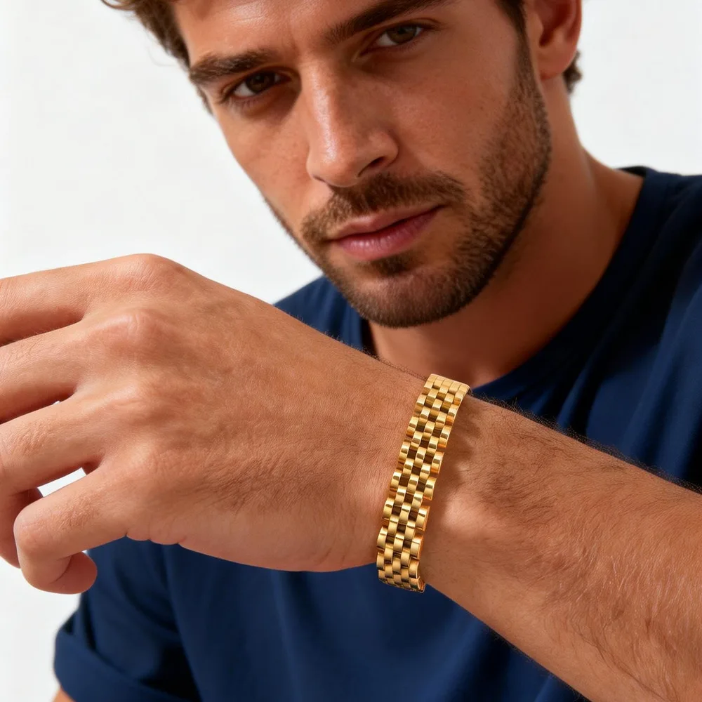 

10MM Chunky Strap Bracelet for Men Women,Gold Plated Stainless Steel Chain Link Wristband,Luxury Jewelry Gift