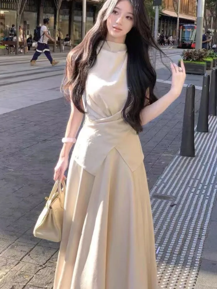 

French Party Satin Two Pieces Sets For Woman Halther Fashion Slim Waist Pleated Top A Line Long Skirt Elegant Suit Set Outfits