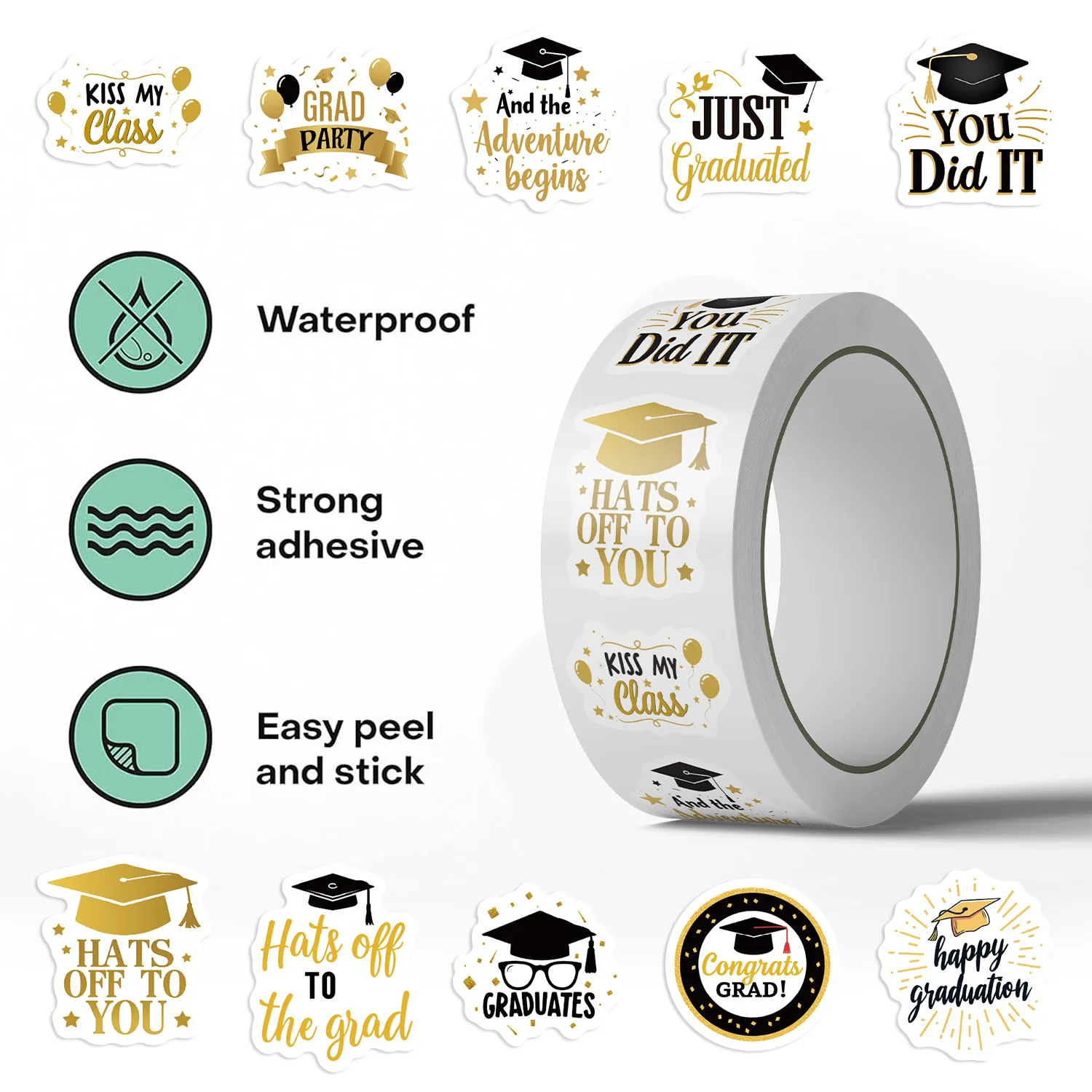 500Pcs Graduation Stickers Roll, 10 Patterns Black Gold Grad Cap Stickers, 