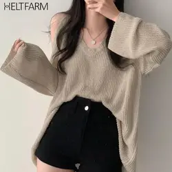 Fashion Loose Knitted Top Woman V-neck Off Shoulder Sweater Autumn Thin Knitwear Korean Style Casual Knit Pullover