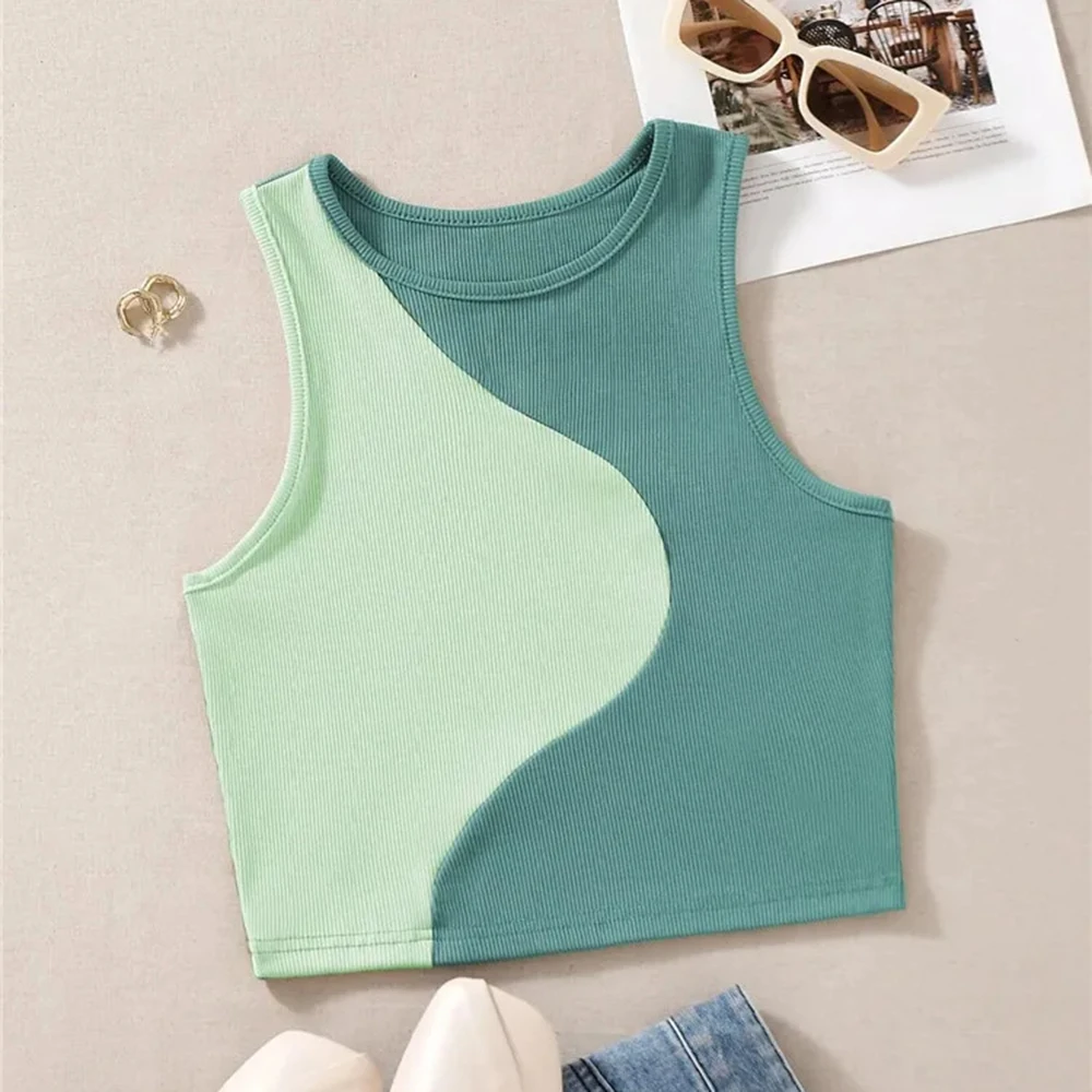 Damski prążkowany dzianinowy różowy podkoszulek O-neck bez rękawów z odsłoniętym pępkiem Y2K Odzież letnia Patchwork Color Block Crop Top T Shirt