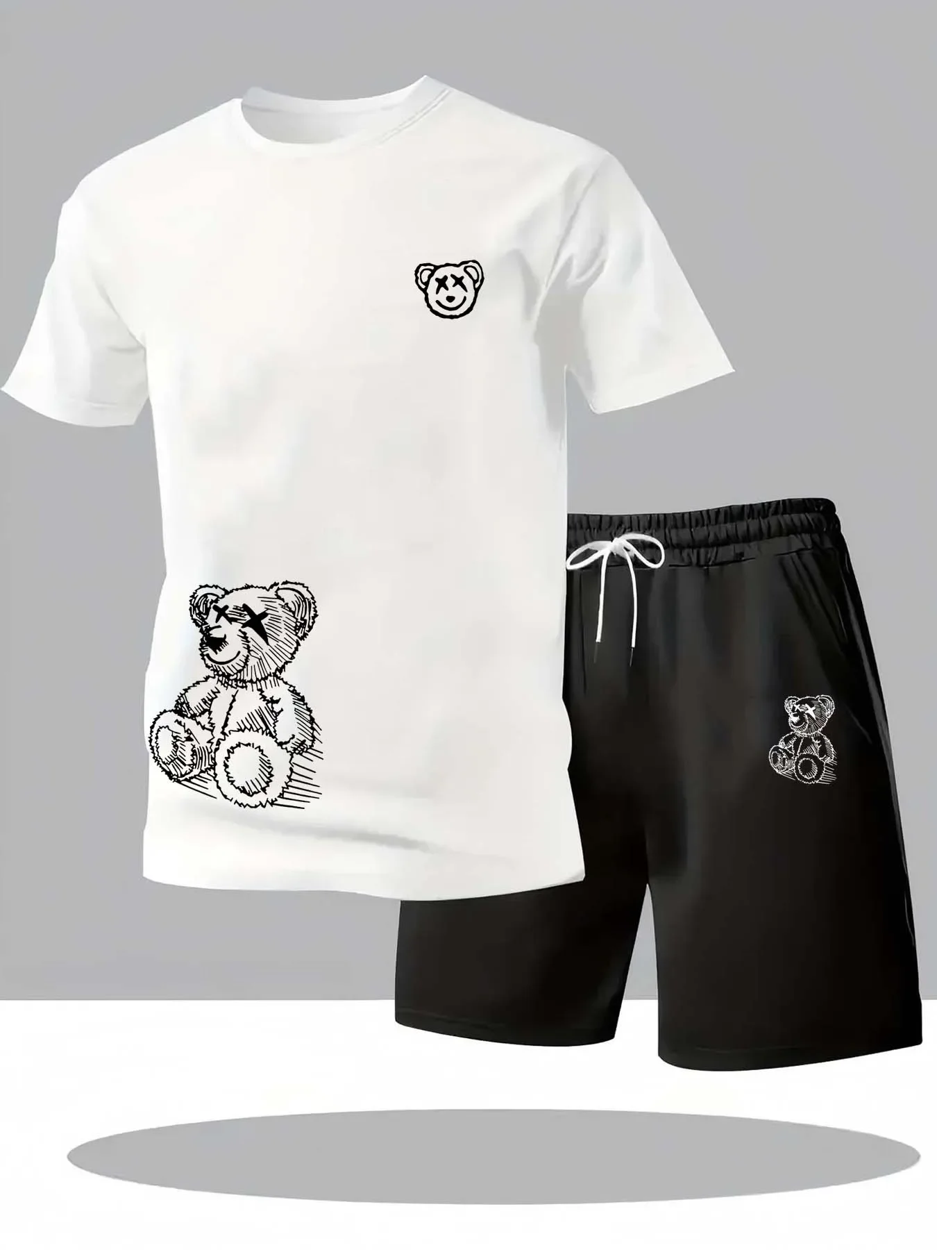 

Summer Loose Size BE KIND Letter Cartoon Print Casual and Comfortable Round-neck Short-sleeved Top Men's T-shirt and Shorts Set