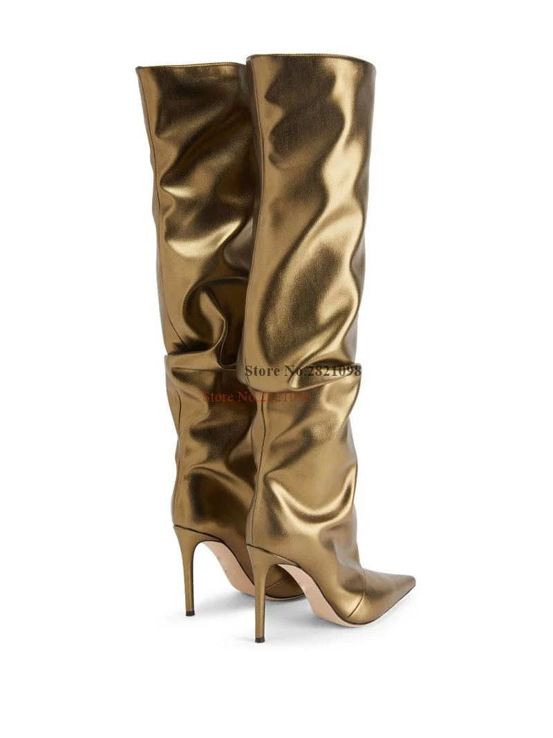 Bronze-Tone Gold Metallic Leather Thin High Heel Slouch Boots Women 's Shoes Pointed Toe Slip On Stiletto Knee High Long Boots