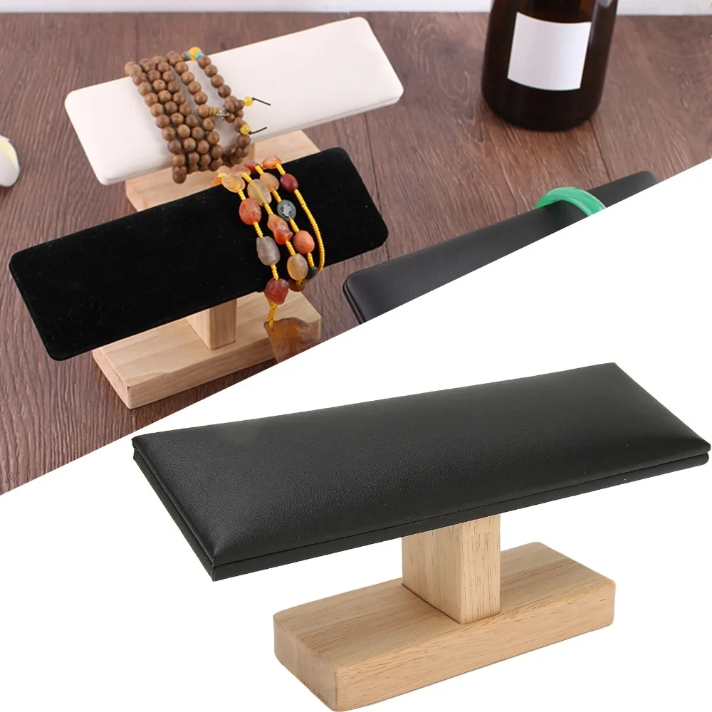 Black T Shape Bracelet Display Stand Solid Wood, Leather 20*6cm Black Leather Wooden Jewelry Rack