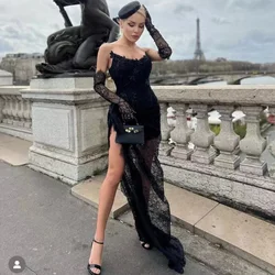 Stunning Black See Thru Lace Long Prom Dresses Sexy Asymmetrical Women Maxi Dresses With Appliques Without Gloves