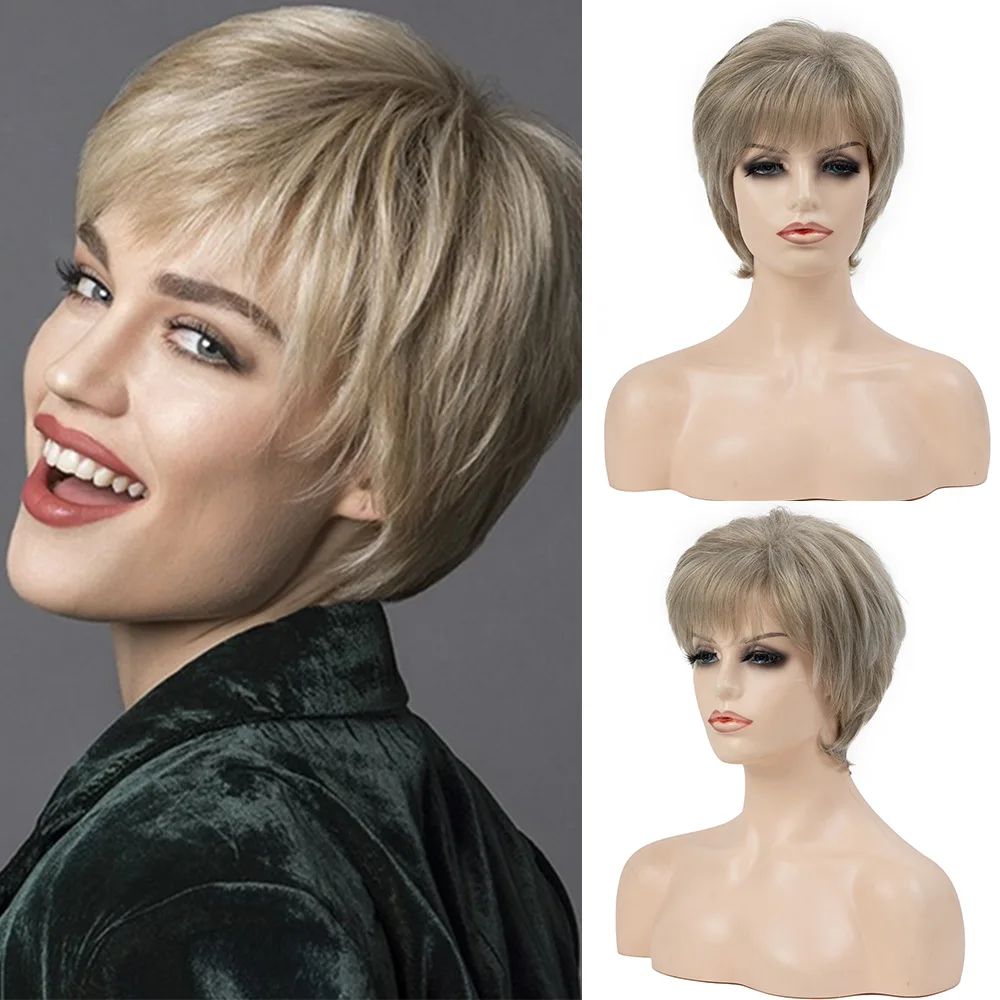 

Short Blonde Wig with Bangs Fluffy Synthetic Hair Mix Brown Wigs for Women White Women's Fluffy Synthetic Hair Wig