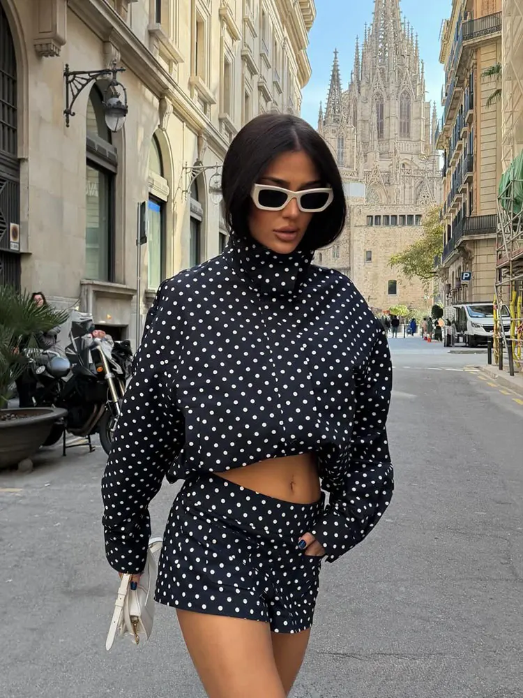 HH Polka Dot Shorts Sets For Women 2026 Trend Outfits Long Sleeve Zipper Turtleneck Jacket Coat Spring Woman Elegant 2 Piece Set