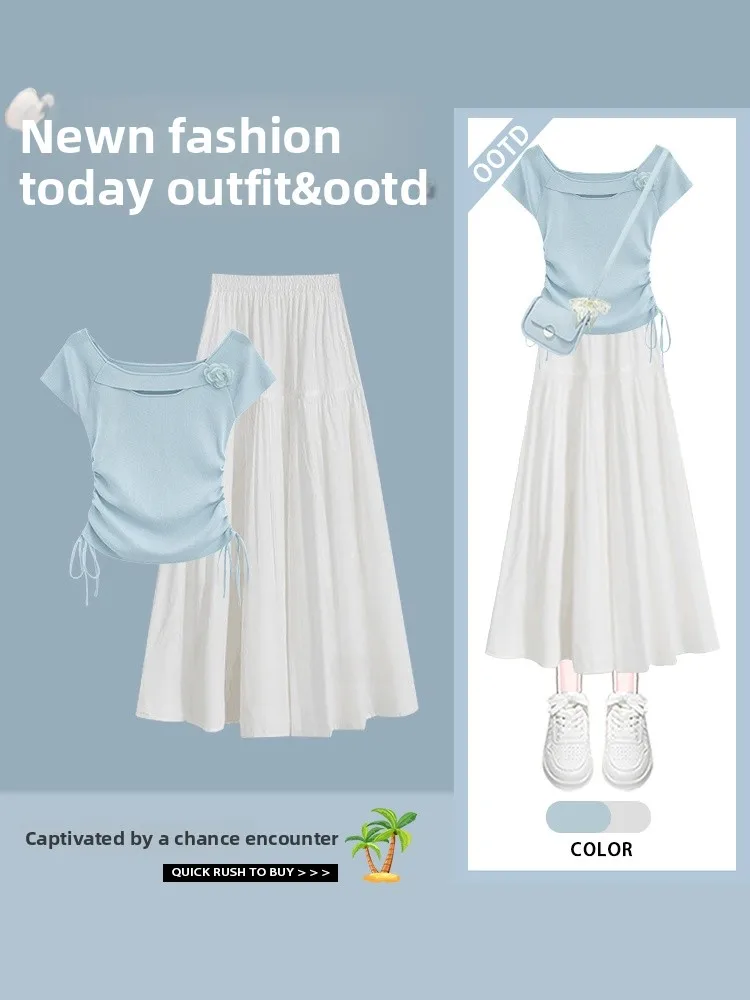 

Комплект из двух предметов: футболка с коротким рукавом и юбка в стиле Dstring, молодежный дизайн, вязаный, повседневный, милый, разноцветный