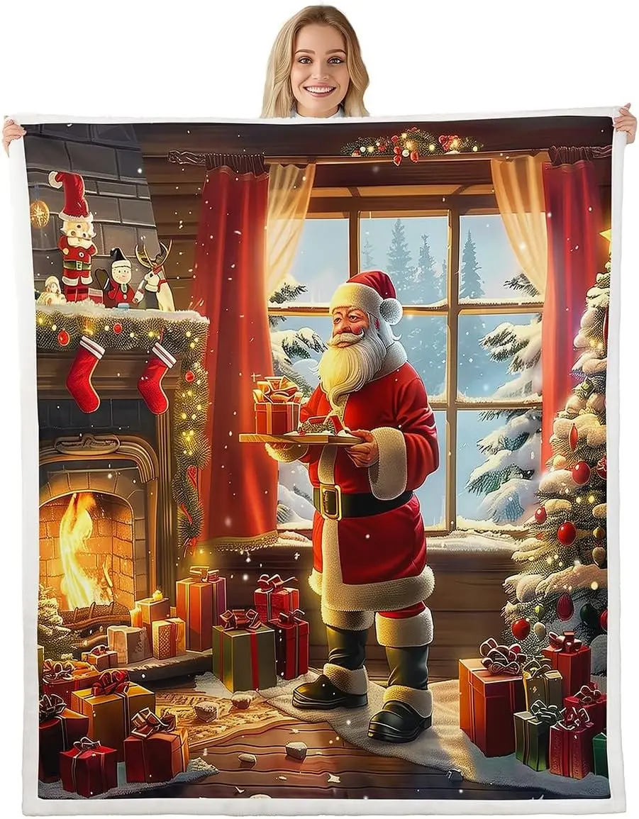 Castle Fairy Santa Claus Blanket Happy New Year Throw Blanket for Kids Retro Rustic Farmhouse Sherpa Blanket Xmas Santa Claus