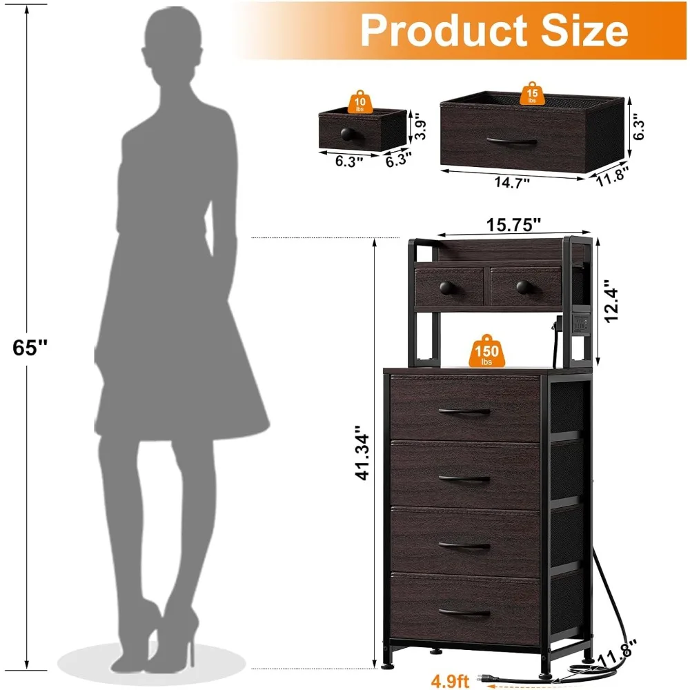 منضدة LED مع قاعدة شحن، بطول 41 بوصة، 6 أدراج قماشية، طاولة بجانب السرير خشبية من 3 طبقات