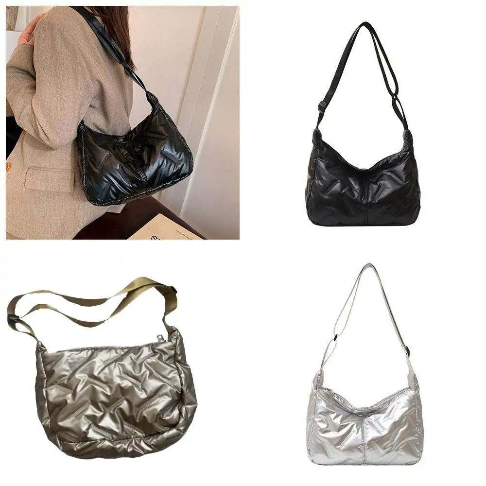 Dumpling Bag Bright Space Cotton Tote Bag Korean Style Shoulder Bag Crossbody Bag Silver Lightweight Nylon Handbag Girls