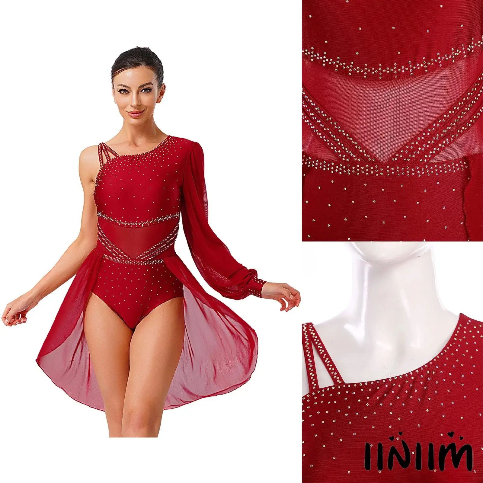 

Womens Lyrical Latin Dance Dress One-shoulder Single Sleeve Asymmetrical Dress for Rhythm Gymnastics Figure Skating Performance
