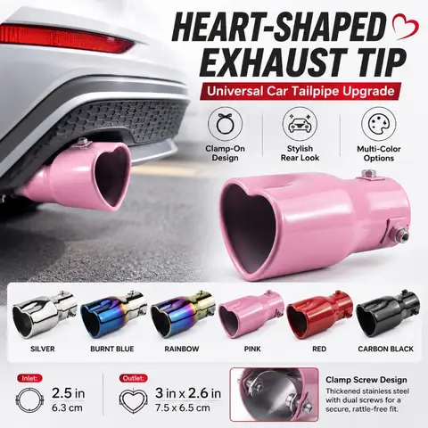 Universal Heart-Shaped Car Exhaust Tip Clamp-On Muffler Tail Pipe Stainless Steel Burnt Blue Silver Rear Tail Throat