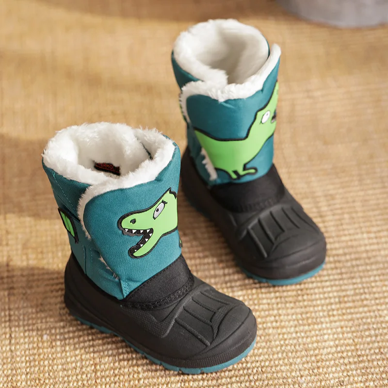 Winter Children High Snow Boots Baby Cartoon Dinosaur Cute Boots Boys Waterproof Anti-slip Ski Boots Girls Fashion Cotton Shoes