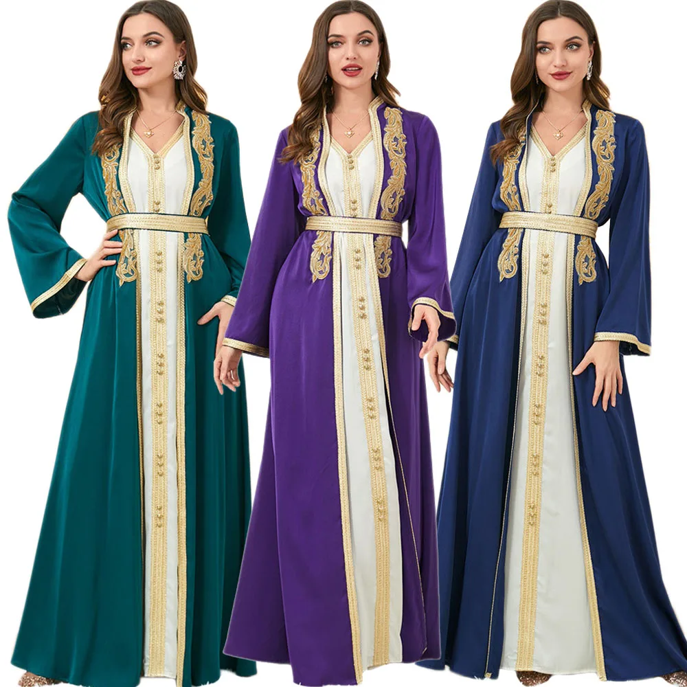 Elegant Women Embroidery Open Abayas 2 Piece Set Ramadan Maxi Dress Kimono Kaftan Dubai Islam Morocco Eid Party Outfits Vestidos